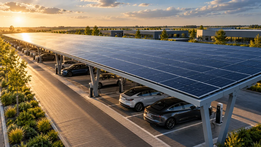 Illustratief solar carport met zonnepanelen en laadpunten op een Nederlands aandoend bedrijventerrein
